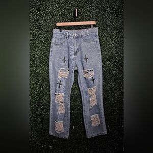SHEIN Blue Distressed Jeans with Star Details
